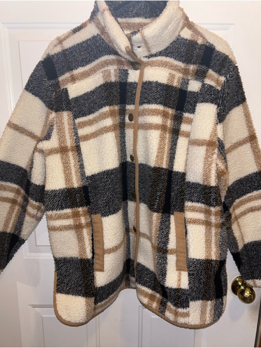 Maurices Cream, Black & Brown Plaid Teddy Jacket